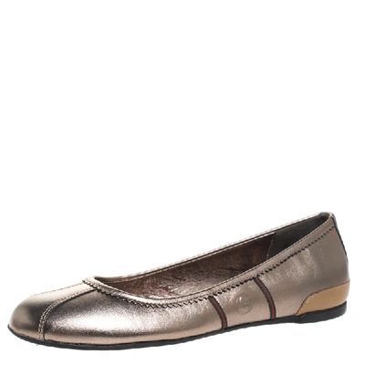 Pre-owned Gucci Metallic Grey And Tan Leather Ballet Flats Size 38 In Brown
