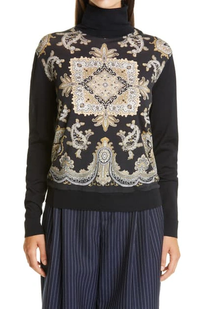 Shop Etro Paisley Panel Turtleneck Wool Blend Sweater In 1 Black