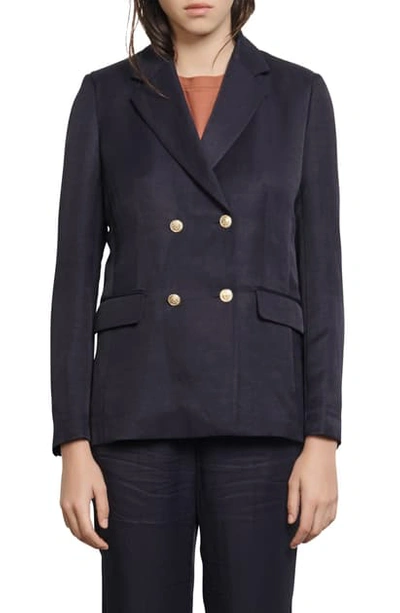 Shop Sandro Double Breasted Blazer In Navy Blue