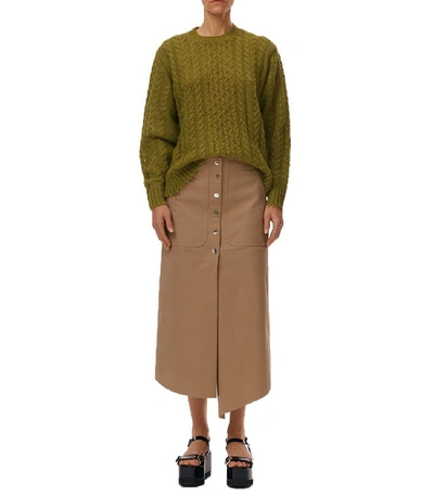 Shop Tibi Myriam Front Button Midi Skirt In Khaki