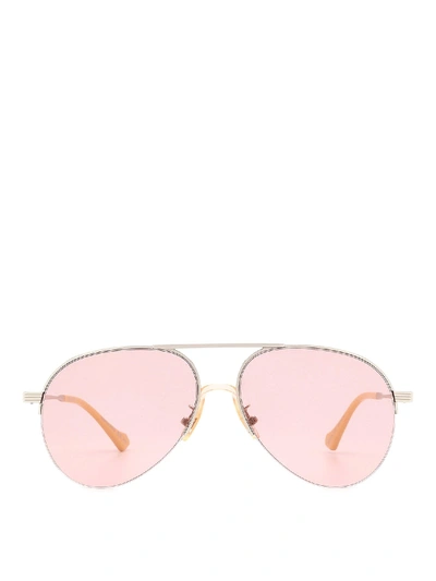 Shop Gucci Pilot Sunglasses In Silver Color With Pink Lenses