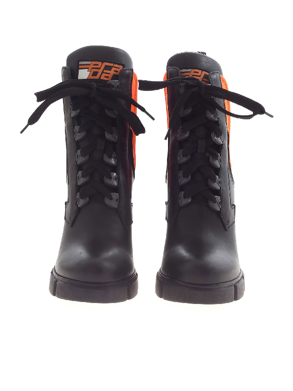 Prada Black Lace-up Ankle Boots Featuring Orange Details | ModeSens