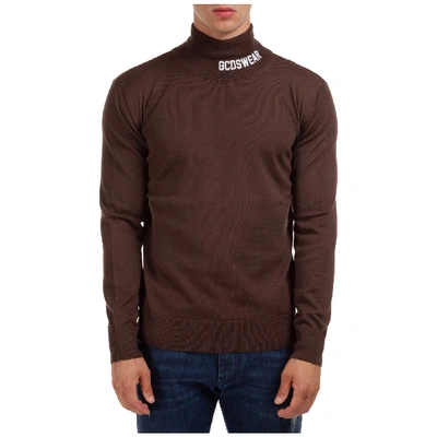 Shop Gcds Men's Polo Neck Turtleneck Jumper Sweater Full Logo In Brown