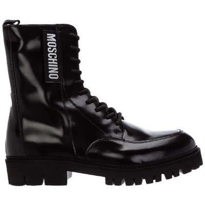 Shop Moschino Men's Leather Combat Boots In Black