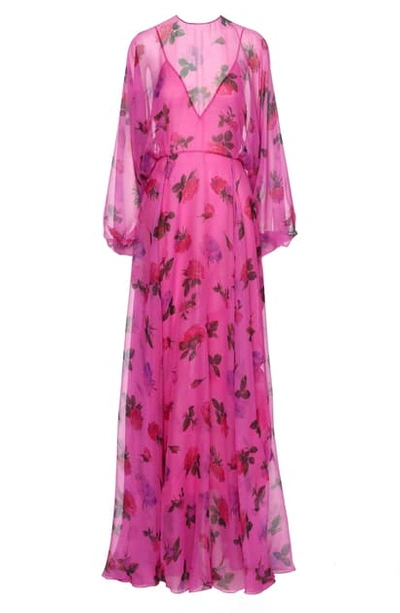 Shop Valentino Rose Print Long Sleeve Silk Chiffon Gown In Creamy Berry Multicolor