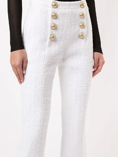Shop Balmain Cropped Tweed Flared Trousers In White