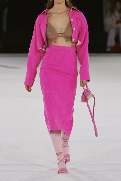 Shop Jacquemus Esterel Cropped Woven Jacket In Fuchsia