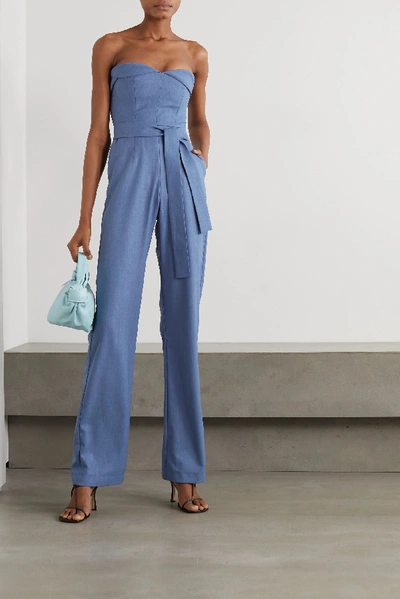 Shop Materiel Strapless Belted Woven Jumpsuit In Blue