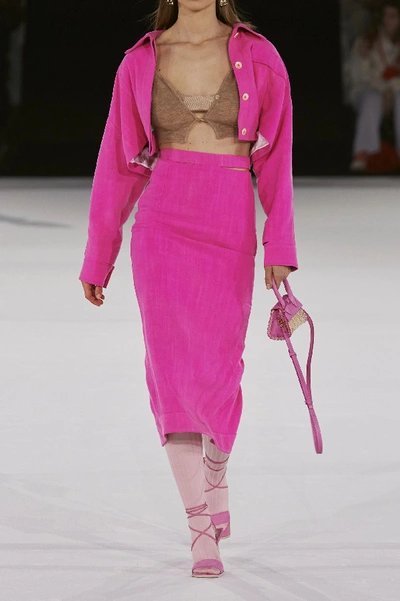 Shop Jacquemus Valerie Cutout Woven Midi Skirt In Fuchsia