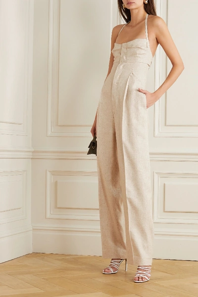 Shop Jacquemus Cutout Linen-blend Halterneck Jumpsuit In Beige