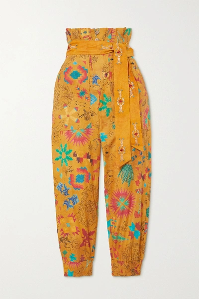 Shop Chufy Belted Printed Cotton-voile Tapered Pants In Mustard