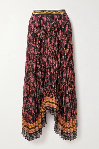 Shop Alice And Olivia Katz Asymmetric Pleated Floral-print Crepe Skirt In Burgundy