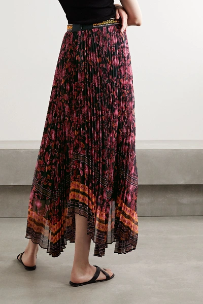 Shop Alice And Olivia Katz Asymmetric Pleated Floral-print Crepe Skirt In Burgundy