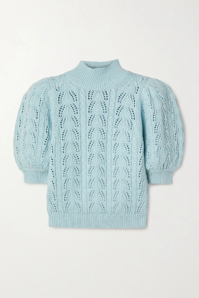 Shop Alice And Olivia Kyoko Pointelle-knit Wool-blend Turtleneck Sweater In Light Blue