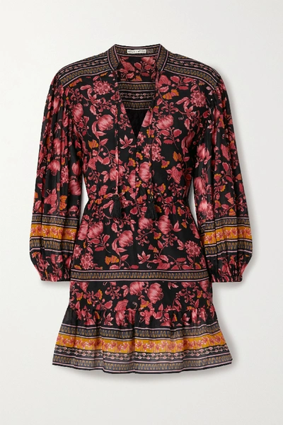 Shop Alice And Olivia Sedona Tiered Floral-print Cotton And Silk-blend Mini Dress In Burgundy