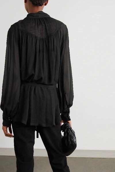 Shop Ann Demeulemeester Pussy-bow Belted Chiffon Blouse In Black