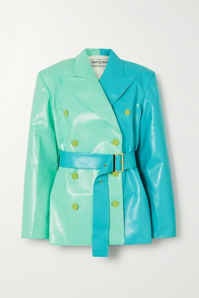 Shop Rowen Rose Belted Double-breasted Two-tone Faux Leather Blazer In Green