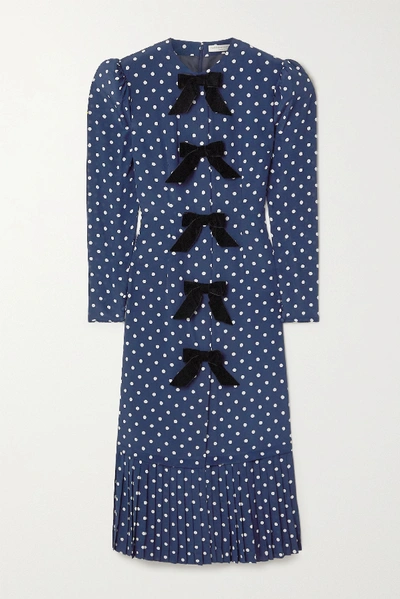 Shop Alessandra Rich Bow-embellished Polka-dot Silk Crepe De Chine Midi Dress In Blue