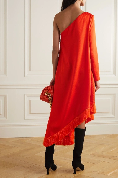 Shop Mother Of Pearl Gwen One-sleeve Asymmetric Fringed Lyocell Midi Dress In Orange