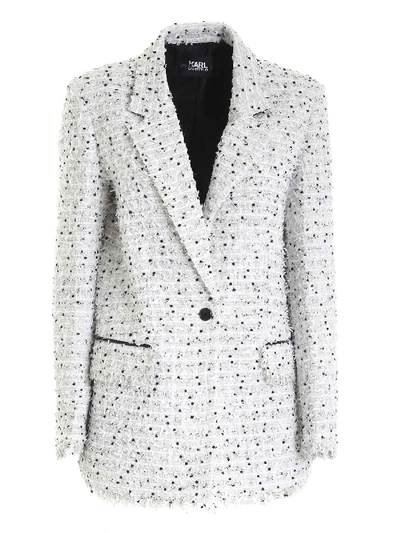 Shop Karl Lagerfeld Fringes Bouclé Jacket In Ice Color In White