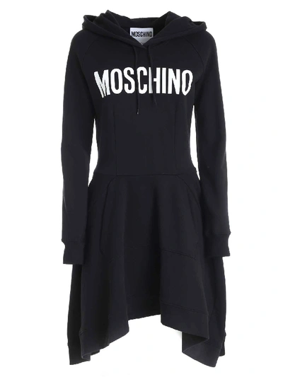 Shop Moschino Maxi White Logo Print Dress In Black