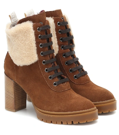 Shop Bogner Sofia Suede And Shearling Ankle Boots In Brown