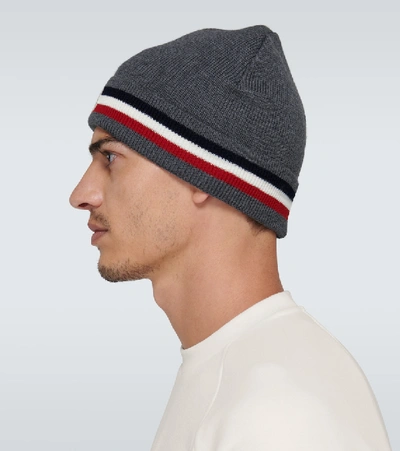 Shop Moncler Wool Ribbed Beanie In Grey