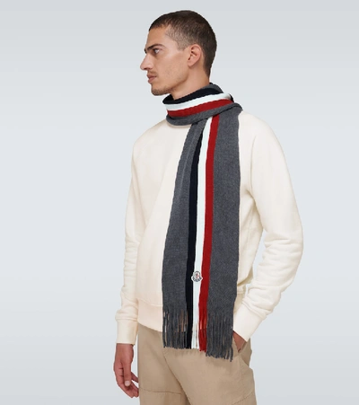 Shop Moncler Wool Ribbed Scarf In Grey