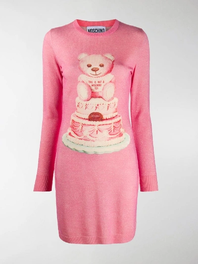 Shop Moschino Intarsia Bear Lurex Knitted Dress In Pink