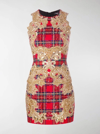 Shop Balmain Sequin-embellished Plaid Cocktail Dress In Red