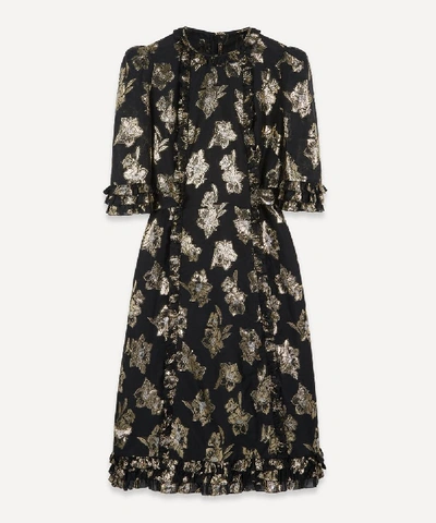 Shop The Vampire's Wife The Cate Floral-jacquard Ruffled Midi-dress In Black