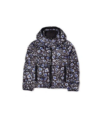 Shop Tory Sport Cropped Printed Performance Satin Down Jacket In Midnight Teapot