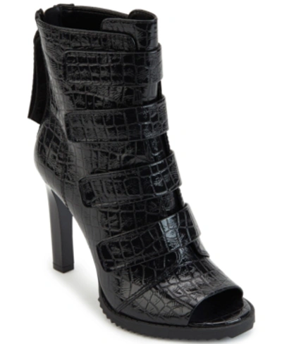 Shop Dkny Blake Lug Sole Peep-toe Booties In Black Leather