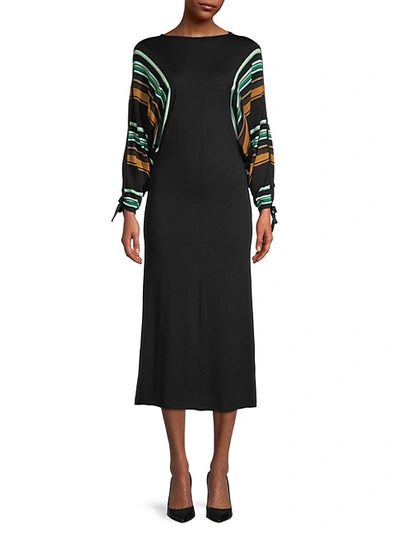 Shop Marni Striped Wool-blend Midi Dress In Black