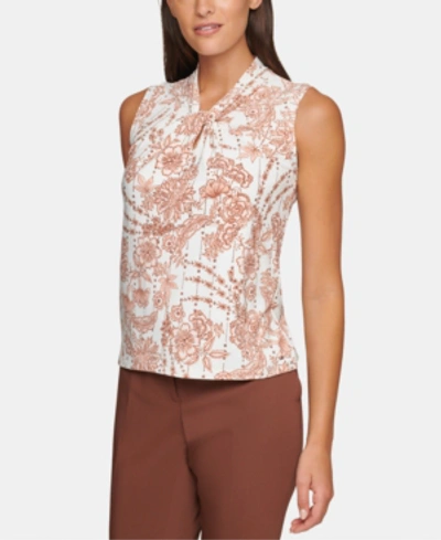 Shop Tommy Hilfiger Sleeveless Printed Knot-neck Top In White/light Pink