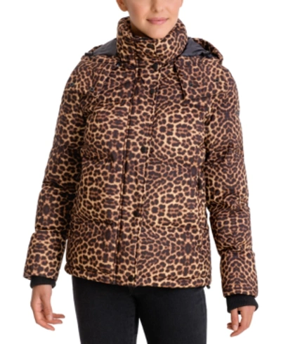 Shop Bcbgeneration Leopard-print Hooded Puffer Coat In Leopard Print