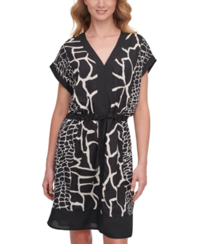 Shop Dkny Mixed-print V-neck Dress In Charcoal