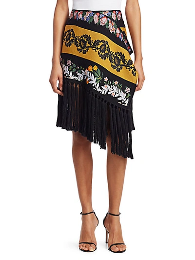 Shop Oscar De La Renta Floral Asymmetric Fringed Scarf Skirt In Black Multi