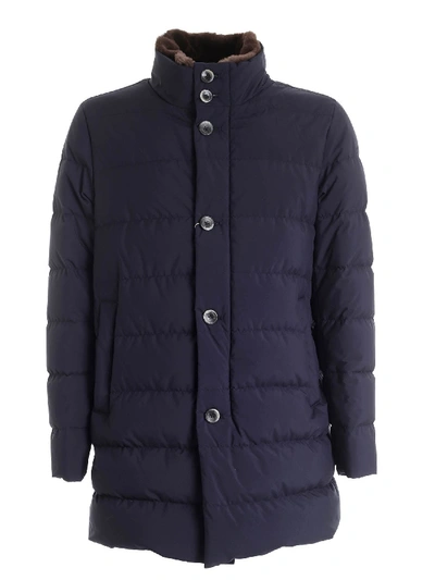Herno Resort Blue Down Jacket Featuring Fur In Blu
