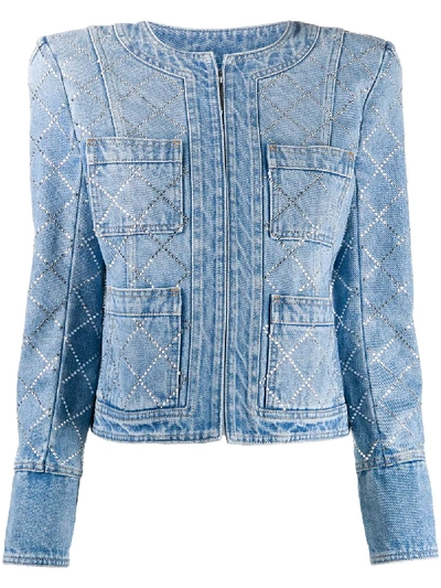 Shop Balmain Gemstone Embellished Denim Jacket In Blue