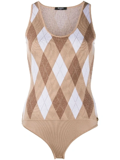 Shop Balmain Argyle Check Knitted Bodysuit In Neutrals