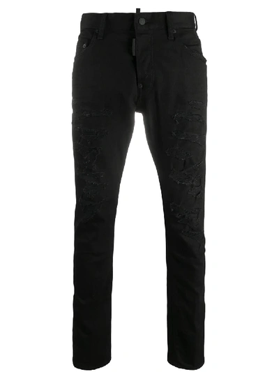 Shop Dsquared2 Distressed Low-rise Skinny Jeans In Black