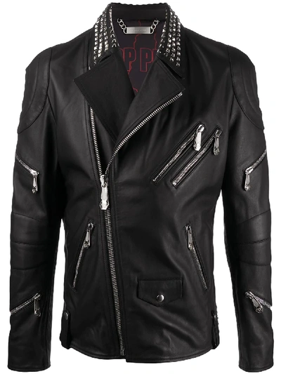 Shop Philipp Plein Skull Stud-embellished Biker Jacket In Black