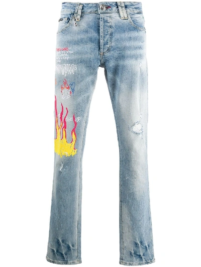 Shop Philipp Plein Straight Leg Graffiti Jeans In Blue