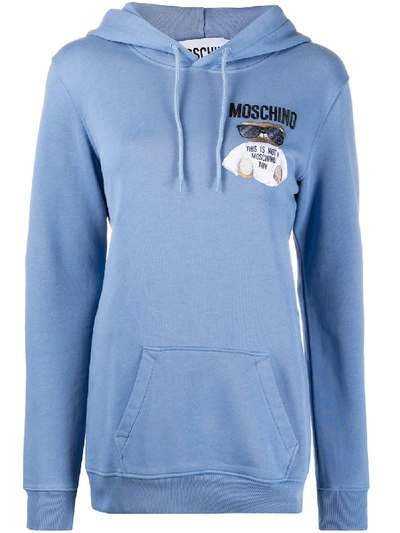 Shop Moschino Teddy Bear Embroidery Hoodie In Blue