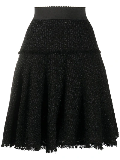 Shop Dolce & Gabbana Tweed Frayed Flared Skirt In Black