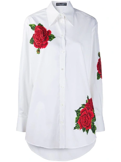 Shop Dolce & Gabbana Rose-embroidered Cotton Poplin Shirt In White