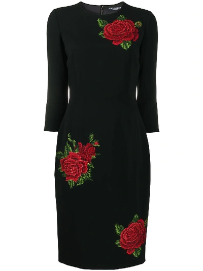 Shop Dolce & Gabbana Rose-embroidered Sheath Dress In Black