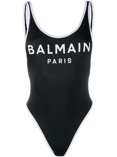 Shop Balmain Logo Print Swimsuit In Black