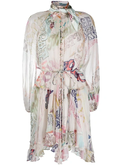 Shop Zimmermann Abstract Letter Print Floaty Dress In Pink